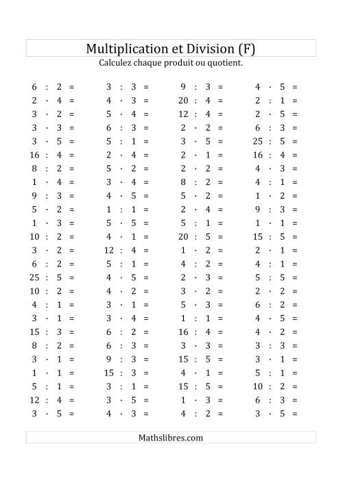 100 Questions sur la Multiplication/Division Horizontale de 1 à 5 (F)