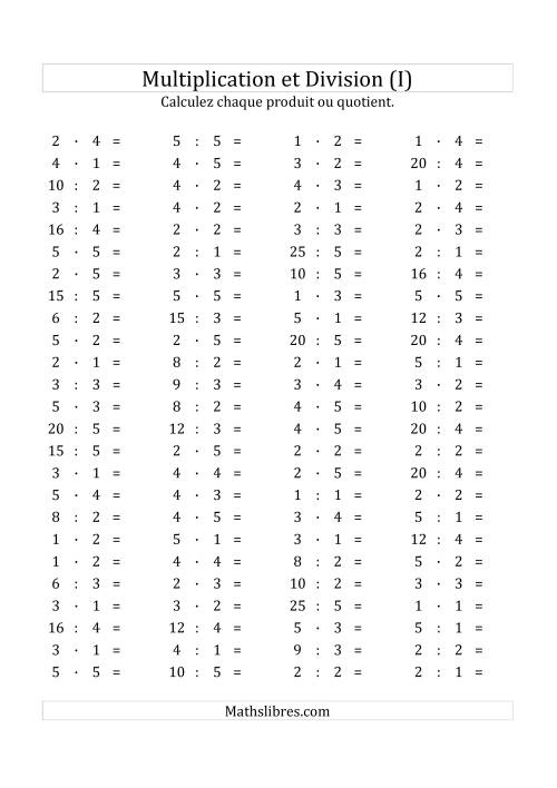 100 Questions sur la Multiplication/Division Horizontale de 1 à 5 (I)