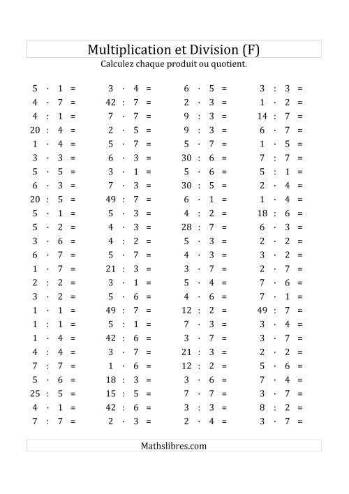 100 Questions sur la Multiplication/Division Horizontale de 1 à 7 (F)