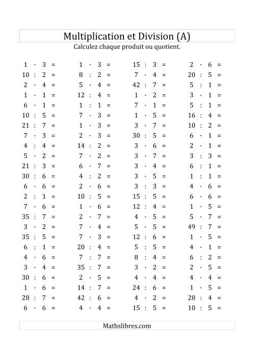 100 Questions sur la Multiplication/Division Horizontale de 1 à 7 (Tout)