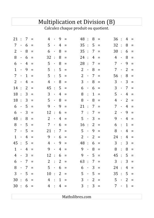 100 Questions sur la Multiplication/Division Horizontale de 1 à 9 (B)