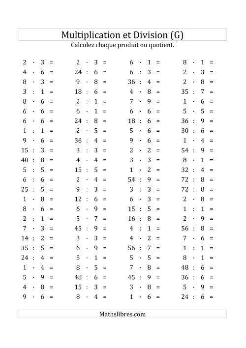 100 Questions sur la Multiplication/Division Horizontale de 1 à 9 (G)
