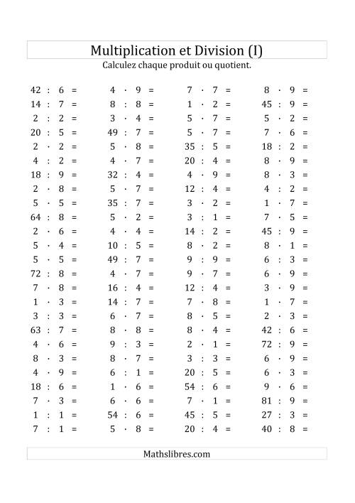 100 Questions sur la Multiplication/Division Horizontale de 1 à 9 (I)