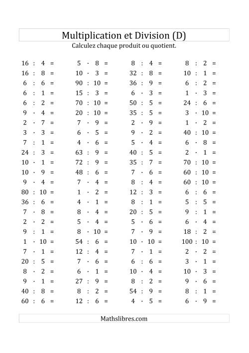 100 Questions sur la Multiplication/Division Horizontale de 1 à 10 (D)