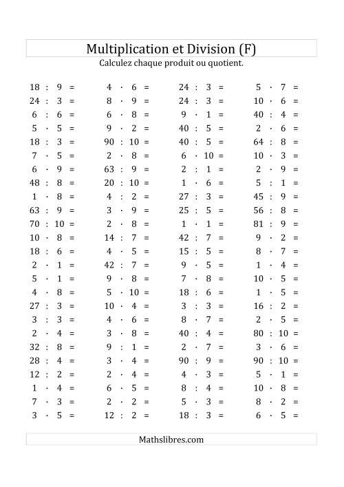100 Questions sur la Multiplication/Division Horizontale de 1 à 10 (F)