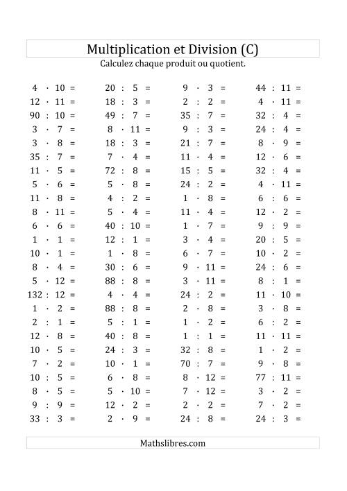 100 Questions sur la Multiplication/Division Horizontale de 1 à 12 (C)