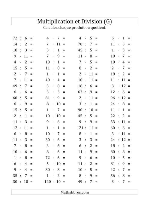 100 Questions sur la Multiplication/Division Horizontale de 1 à 12 (G)