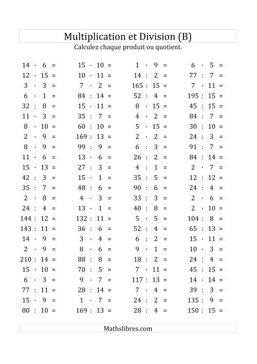 100 Questions sur la Multiplication/Division Horizontale de 1 à 15 (B)