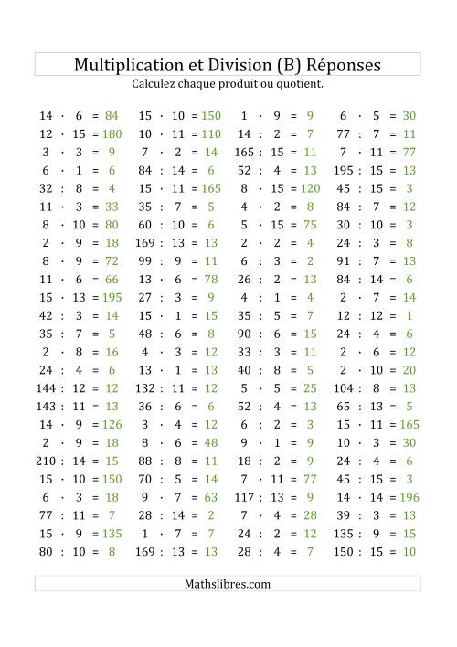 100 Questions sur la Multiplication/Division Horizontale de 1 à 15 (B) page 2