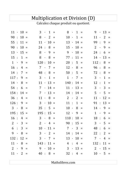 100 Questions sur la Multiplication/Division Horizontale de 1 à 15 (D)