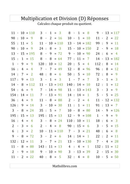100 Questions sur la Multiplication/Division Horizontale de 1 à 15 (D) page 2
