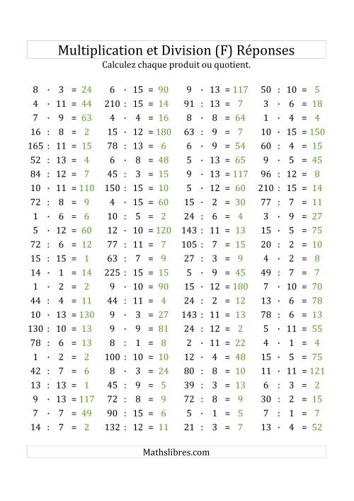 100 Questions sur la Multiplication/Division Horizontale de 1 à 15 (F) page 2