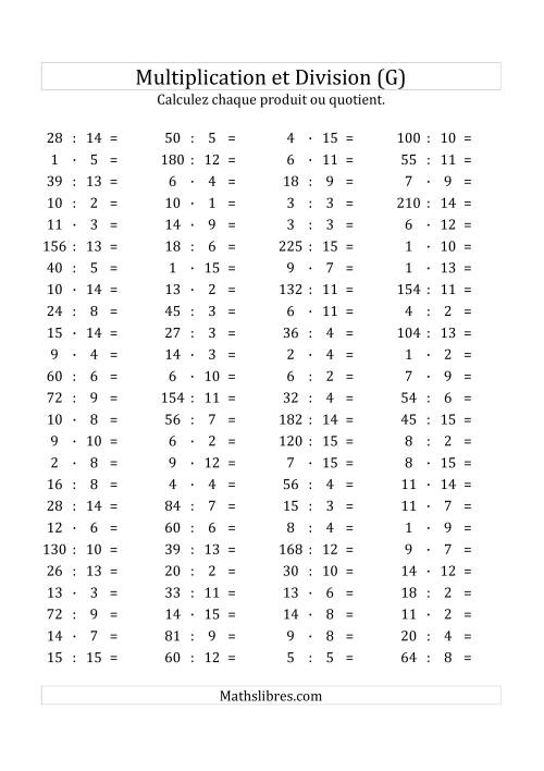 100 Questions sur la Multiplication/Division Horizontale de 1 à 15 (G)
