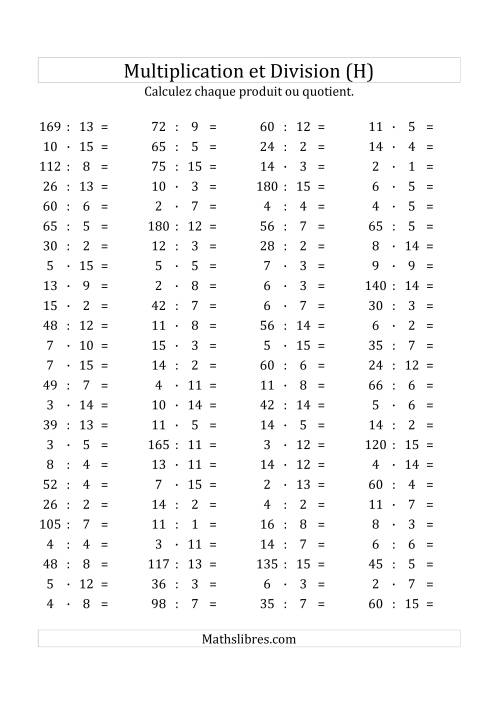 100 Questions sur la Multiplication/Division Horizontale de 1 à 15 (H)