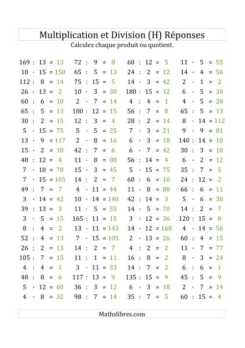 100 Questions sur la Multiplication/Division Horizontale de 1 à 15 (H) page 2