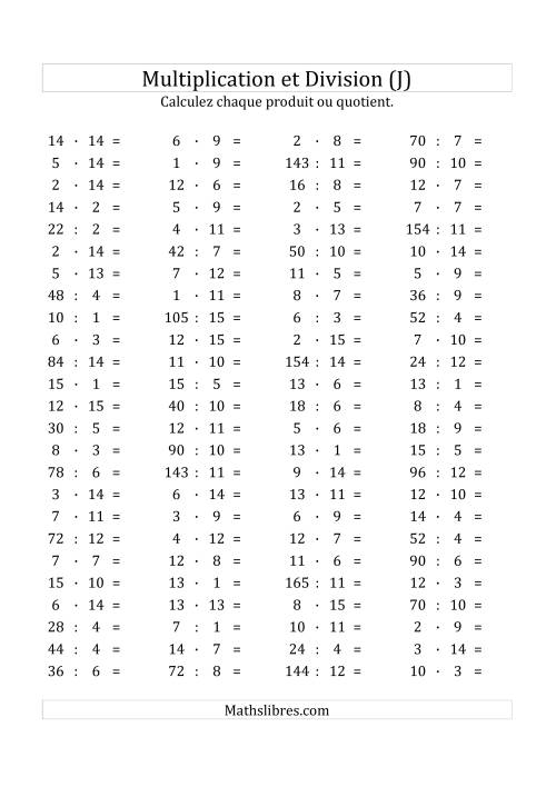 100 Questions sur la Multiplication/Division Horizontale de 1 à 15 (J)