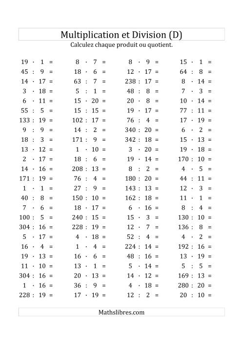 100 Questions sur la Multiplication/Division Horizontale de 1 à 20 (D)