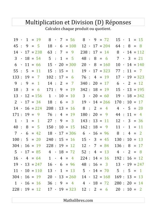 100 Questions sur la Multiplication/Division Horizontale de 1 à 20 (D) page 2