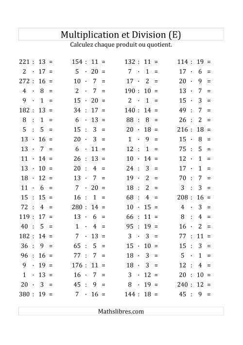 100 Questions sur la Multiplication/Division Horizontale de 1 à 20 (E)