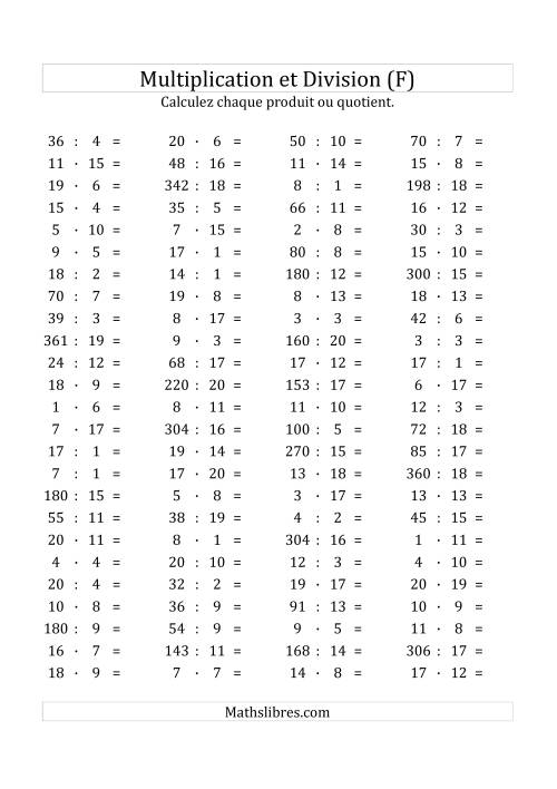 100 Questions sur la Multiplication/Division Horizontale de 1 à 20 (F)