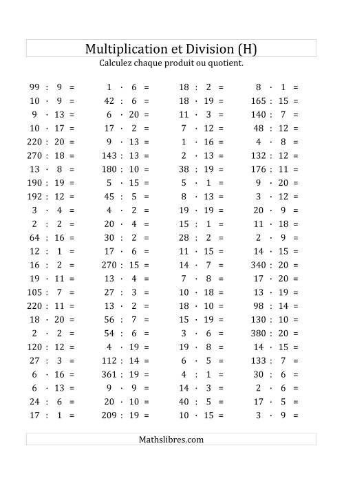100 Questions sur la Multiplication/Division Horizontale de 1 à 20 (H)