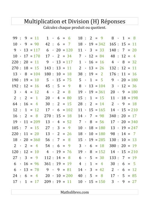 100 Questions sur la Multiplication/Division Horizontale de 1 à 20 (H) page 2