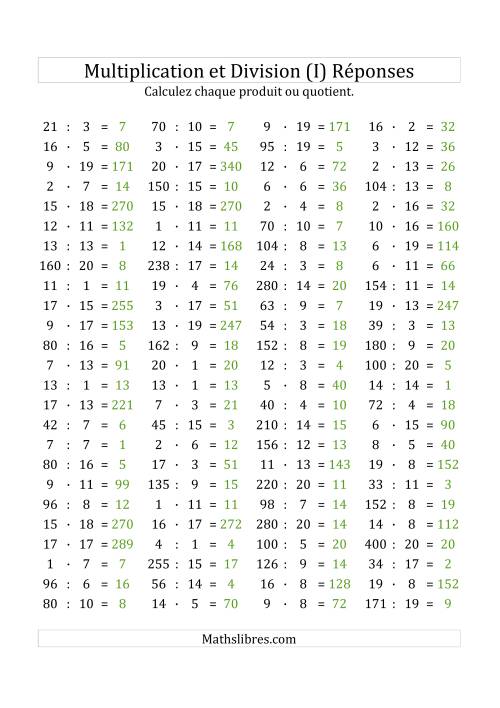 100 Questions sur la Multiplication/Division Horizontale de 1 à 20 (I) page 2