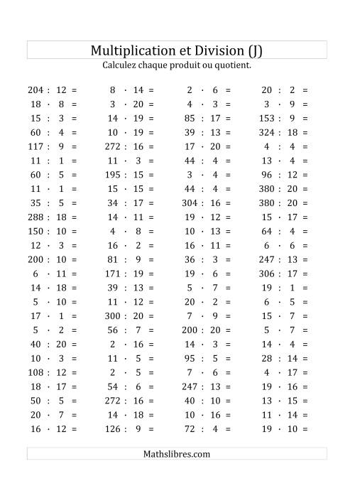 100 Questions sur la Multiplication/Division Horizontale de 1 à 20 (J)