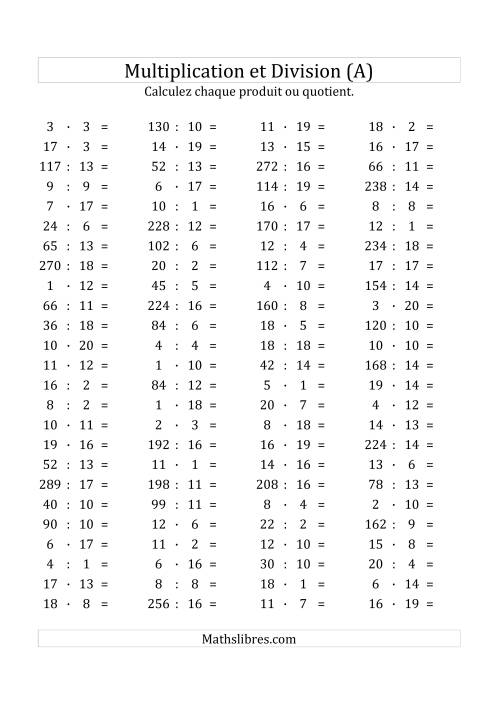 100 Questions sur la Multiplication/Division Horizontale de 1 à 20 (Tout)