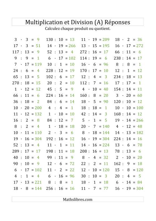 100 Questions sur la Multiplication/Division Horizontale de 1 à 20 (Tout) page 2