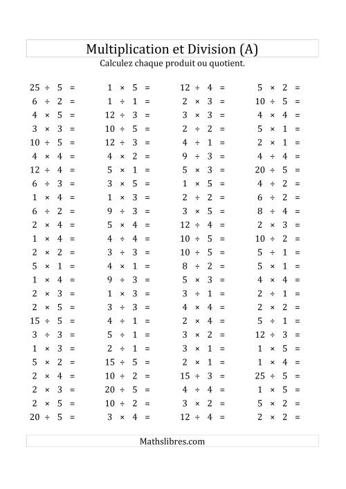 100 Questions sur la Multiplication/Division Horizontale de 1 à 5 (USA & Canada) (A)