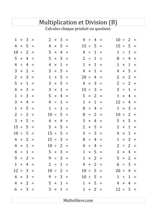 100 Questions sur la Multiplication/Division Horizontale de 1 à 5 (USA & Canada) (B)
