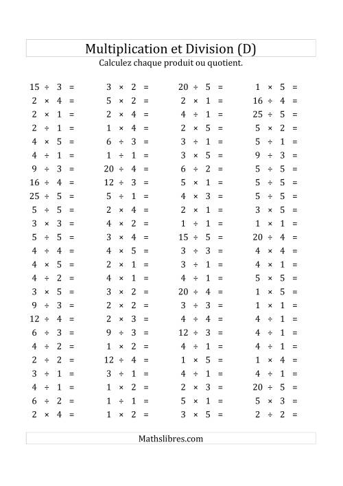 100 Questions sur la Multiplication/Division Horizontale de 1 à 5 (USA & Canada) (D)