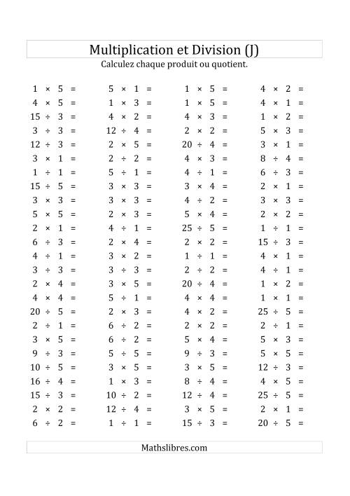 100 Questions sur la Multiplication/Division Horizontale de 1 à 5 (USA & Canada) (J)