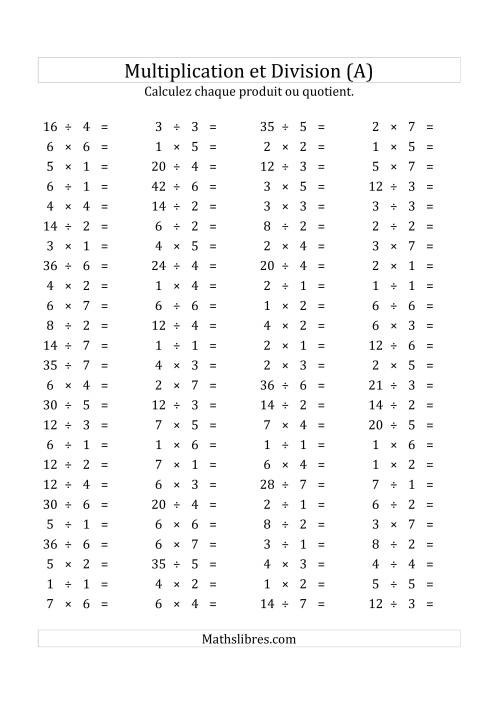 100 Questions sur la Multiplication/Division Horizontale de 1 à 7 (USA & Canada) (A)