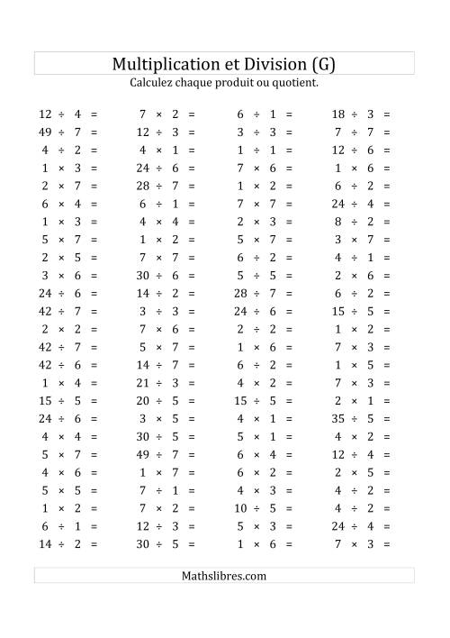100 Questions sur la Multiplication/Division Horizontale de 1 à 7 (USA & Canada) (G)