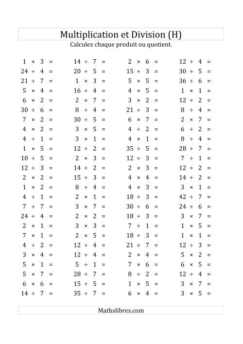 100 Questions sur la Multiplication/Division Horizontale de 1 à 7 (USA & Canada) (H)