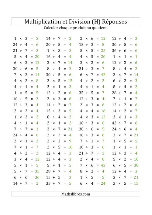 100 Questions sur la Multiplication/Division Horizontale de 1 à 7 (USA & Canada) (H) page 2