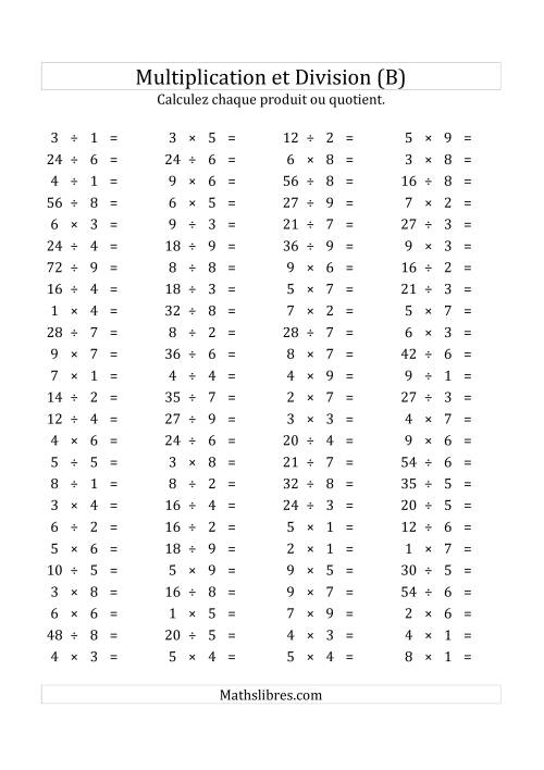 100 Questions sur la Multiplication/Division Horizontale de 1 à 9 (USA & Canada) (B)