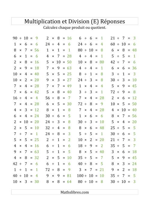100 Questions sur la Multiplication/Division Horizontale de 1 à 10 (USA & Canada) (E) page 2