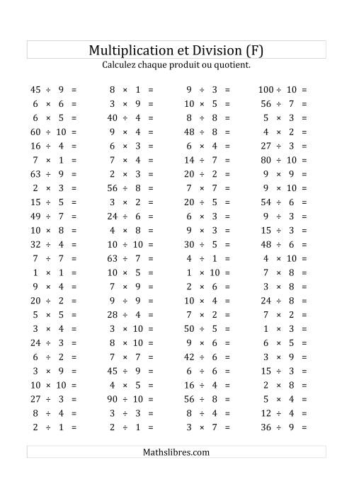 100 Questions sur la Multiplication/Division Horizontale de 1 à 10 (USA & Canada) (F)