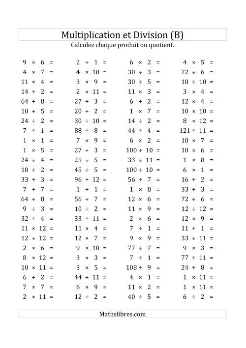 100 Questions sur la Multiplication/Division Horizontale de 1 à 12 (USA & Canada) (B)