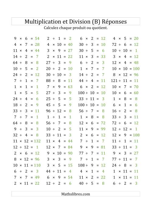 100 Questions sur la Multiplication/Division Horizontale de 1 à 12 (USA & Canada) (B) page 2