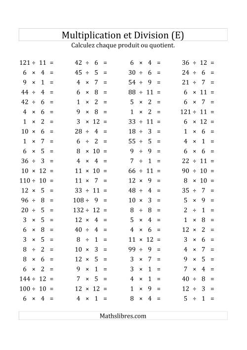 100 Questions sur la Multiplication/Division Horizontale de 1 à 12 (USA & Canada) (E)