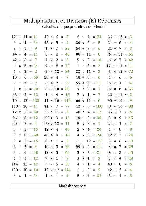 100 Questions sur la Multiplication/Division Horizontale de 1 à 12 (USA & Canada) (E) page 2
