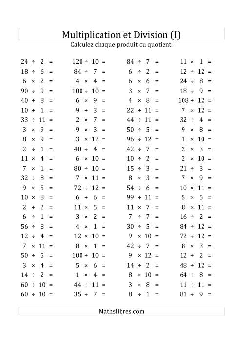 100 Questions sur la Multiplication/Division Horizontale de 1 à 12 (USA & Canada) (I)