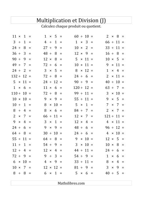 100 Questions sur la Multiplication/Division Horizontale de 1 à 12 (USA & Canada) (J)