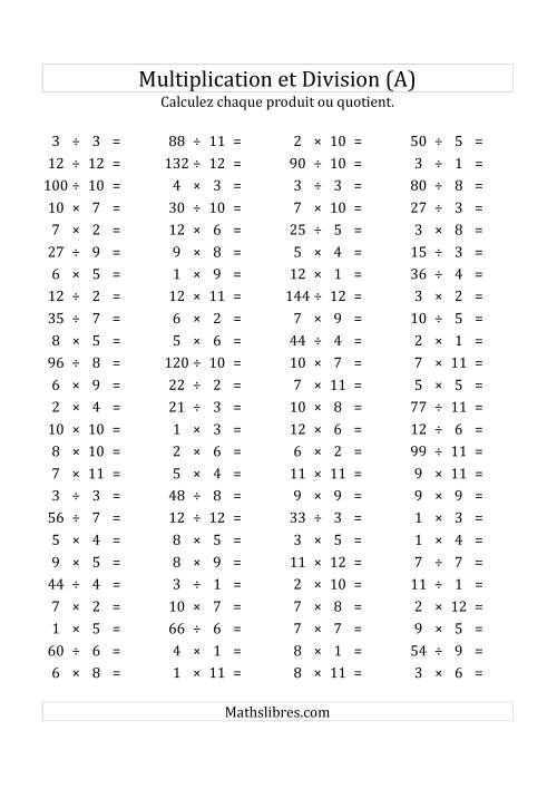 100 Questions sur la Multiplication/Division Horizontale de 1 à 12 (USA & Canada) (Tout)