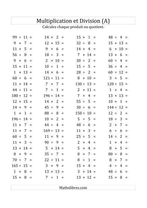 100 Questions sur la Multiplication/Division Horizontale de 1 à 15 (USA & Canada) (A)