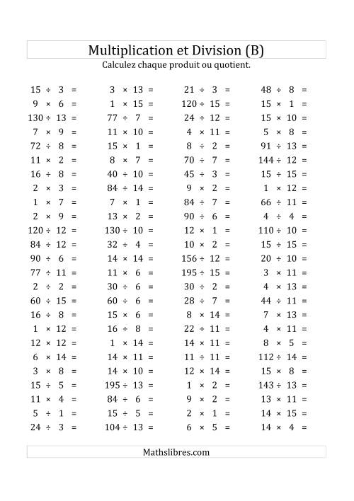 100 Questions sur la Multiplication/Division Horizontale de 1 à 15 (USA & Canada) (B)